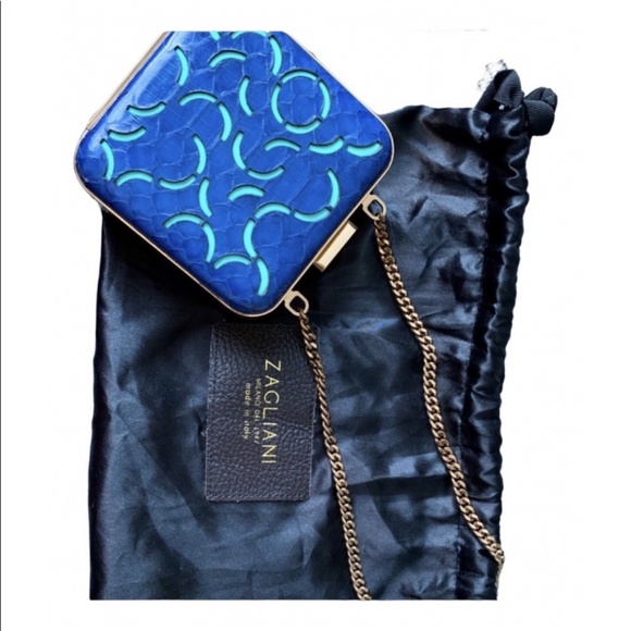 Zagliani 💯 AUTHENTIC mini clutch authentic snake  🐍 skin bright blue color - Picture 1 of 6